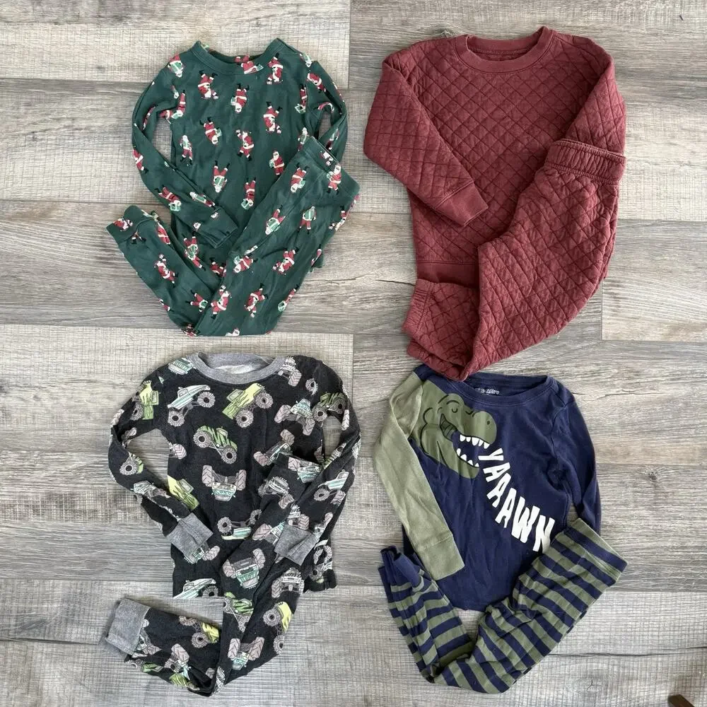 Lot 4 Toddler Boy Pajama Set 3T Dinosaurs Monster Truck Santa Christmas Quilted